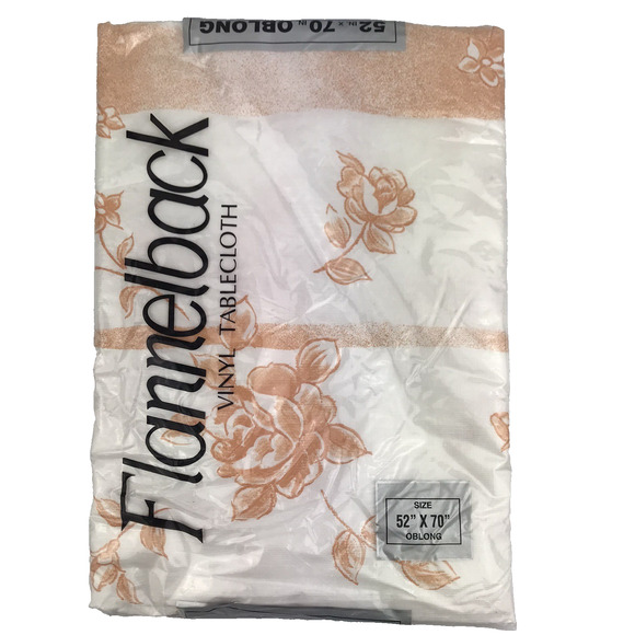 Vtg NEW Flannel Back Vinyl Tablecloth Oblong 52"x70" Floral White Peach - Picture 1 of 4